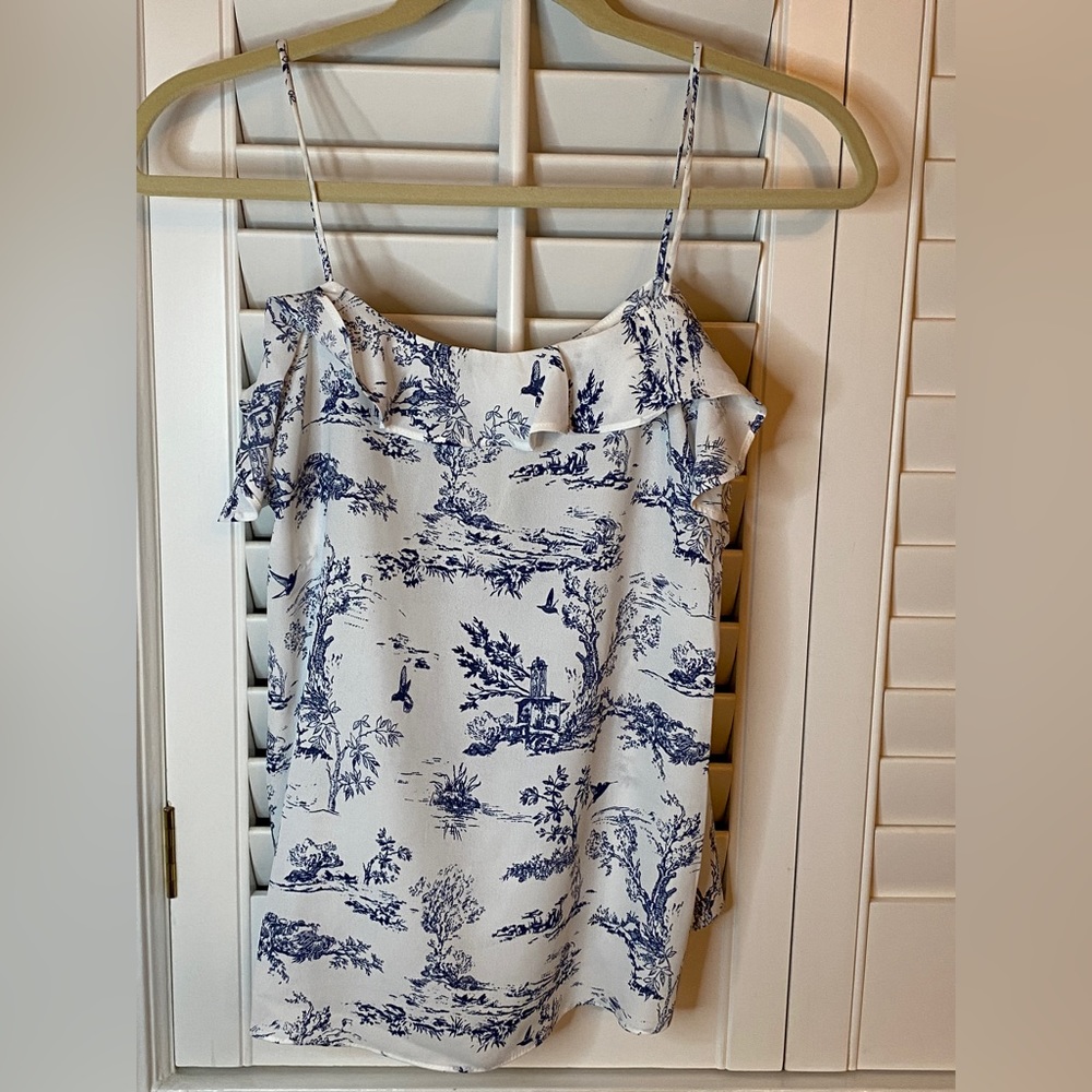 Bar III La Sagrada Blue White Toile Ruffle Overlay Tank Top NWT Small